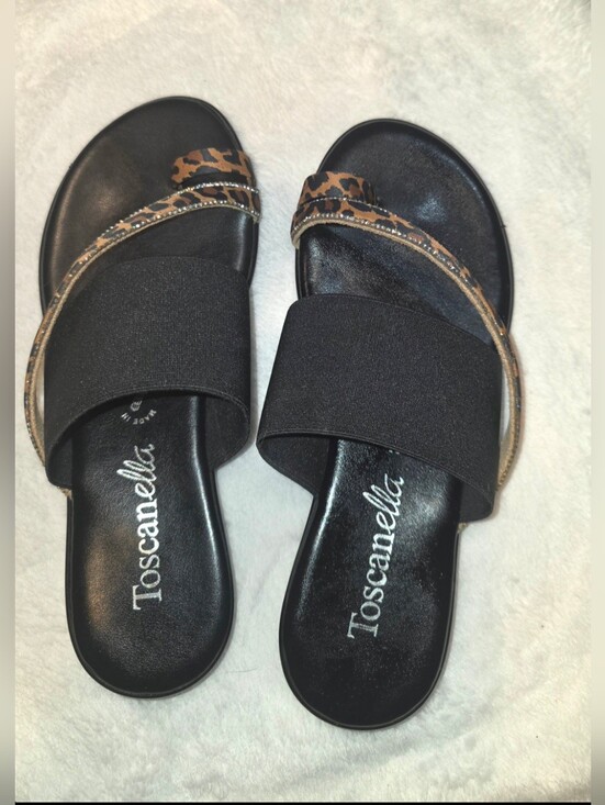 Toscanella Shoes - Toscanella, Black Slide Sandals with Leopard Accent With Rhinestones- Size 7